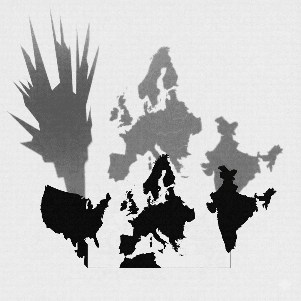Silhouettes of USA, Europe, and India with their shadows